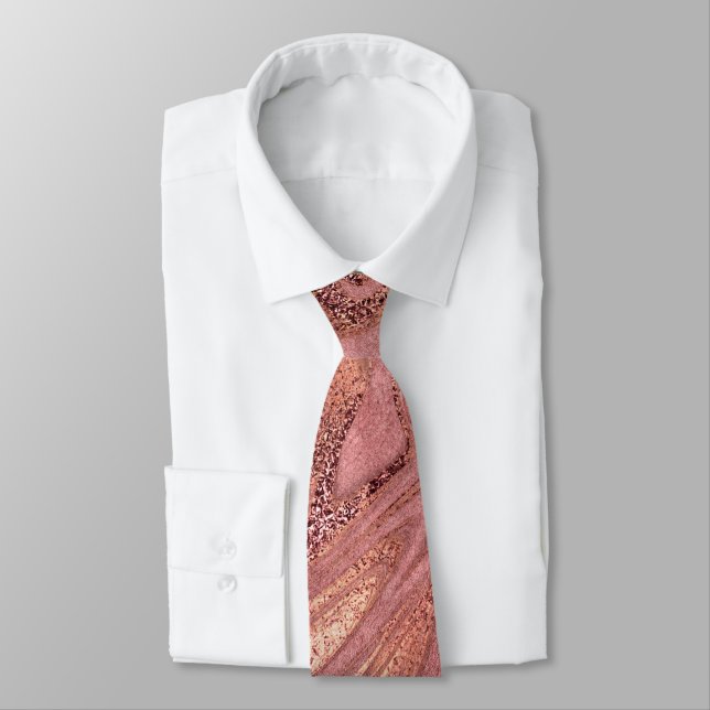 Elegant modern copper rose gold & red marble look neck tie (Tied)