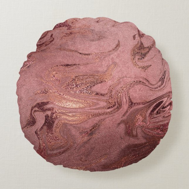 Elegant modern copper rose gold & red marble look round pillow (Front)