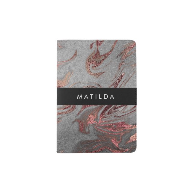 Elegant modern copper rose gold & silver marble passport holder (Front)