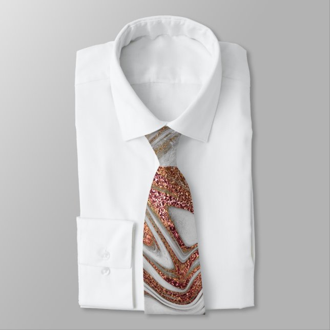 Elegant modern copper rose gold white marble look neck tie (Tied)