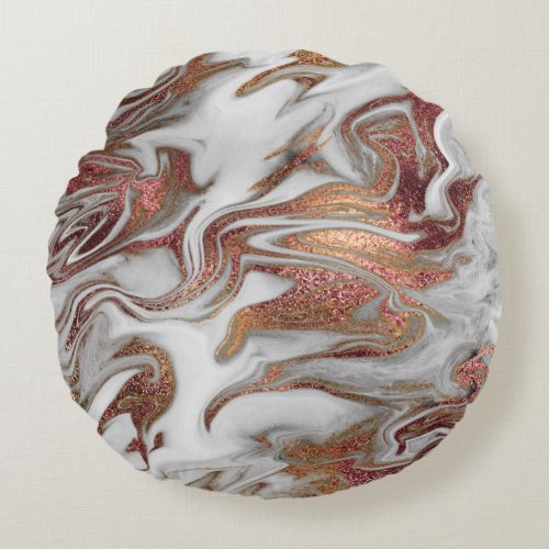 Elegant modern copper rose gold white marble look round pillow