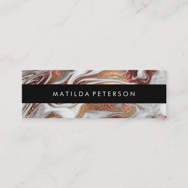 Elegant modern copper rose gold white marble mini business card (Front)