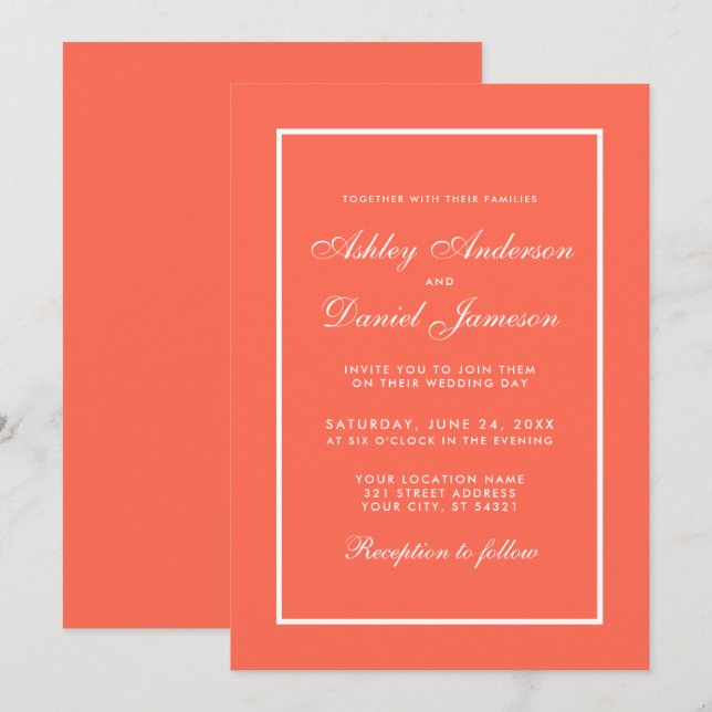 Elegant Modern Coral and White Wedding Invitation (Front/Back)
