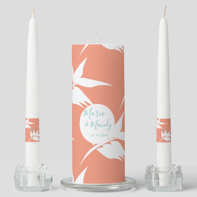 Elegant Modern Coral Teal Floral Wedding Unity Candle Set (Front)