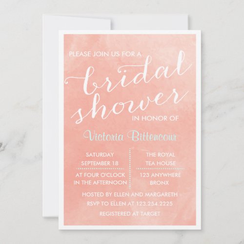 Elegant Modern Coral Watercolor Bridal Shower Custom Invites