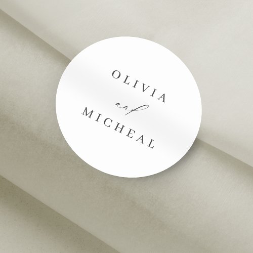 Elegant modern couple names minimalist wedding classic round sticker