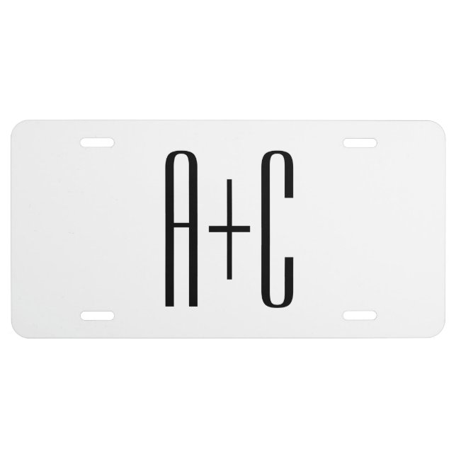 Elegant Modern Couples Initials | White & Black License Plate (Front)