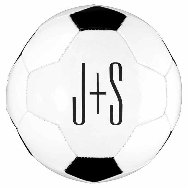Elegant Modern Couples Initials | White & Black Soccer Ball (Front)