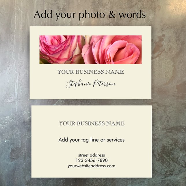 Elegant Modern Cream Custom Floral Photo Template  Business Card (Add your own photo and business contact details. This custom cream simple elegant business card.
)