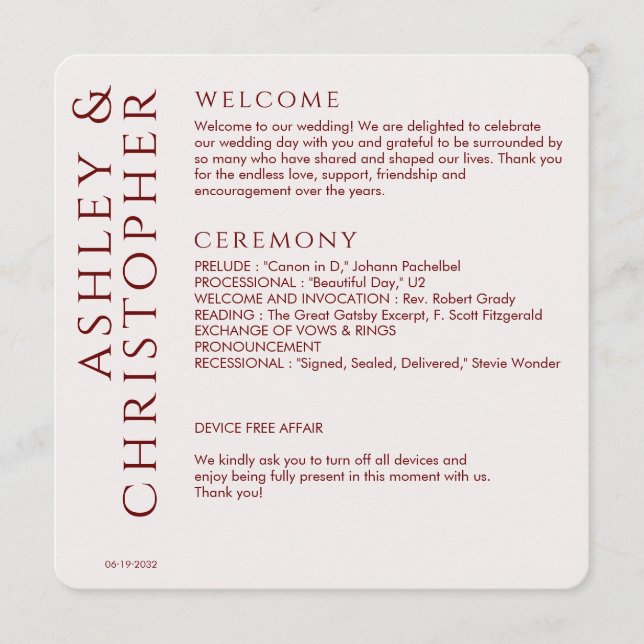 Elegant Modern Crimson Red Wedding Program (Front)