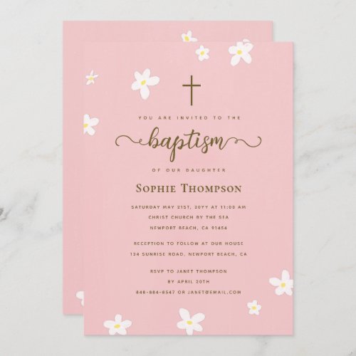Elegant Modern Cross Pink Daisy Religious Baptism Invitation