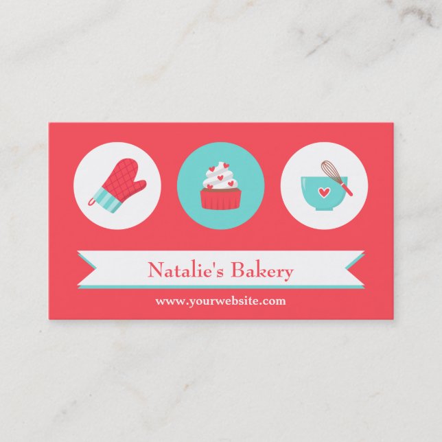 Elegant Modern Cupcake Bakery Cafe Red Turquoise Business Card (Front)