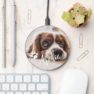 Elegant modern custom dog name photo wireless charger