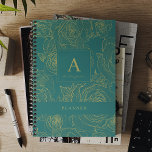 Elegant modern custom monogram and name green planner<br><div class="desc">Stylish luxury dark emerald green monogrammed 2025 planner with trendy faux gold outline floral motif personalized with your name and text.</div>