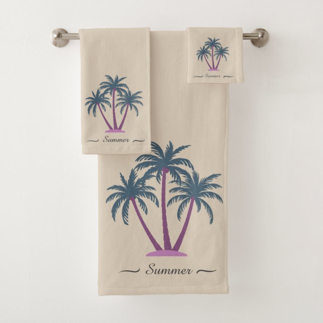Elegant Modern Custom Palm Trees & Script on Beige Bath Towel Set (Insitu)