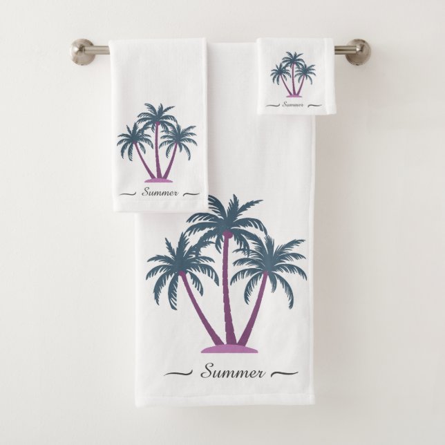 Elegant Modern Custom Palm Trees & Script on White Bath Towel Set (Insitu)