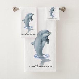 Elegant Modern Cute Dolphin and Script on White Bath Towel Set