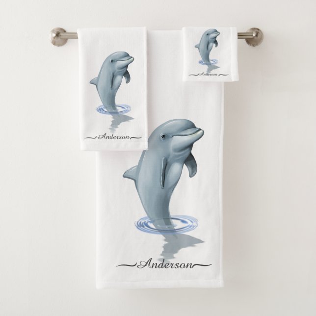 Elegant Modern Cute Dolphin and Script on White  Bath Towel Set (Insitu)
