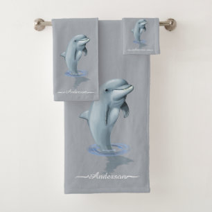 Elegant Modern Cute Dolphin & Script on Light Gray Bath Towel Set