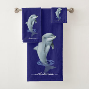 Elegant Modern Cute Dolphin & Script on Navy Blue Bath Towel Set