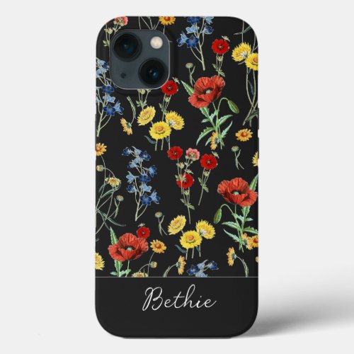 Elegant Modern Cute Wildflowers Name Black iPhone 13 Case