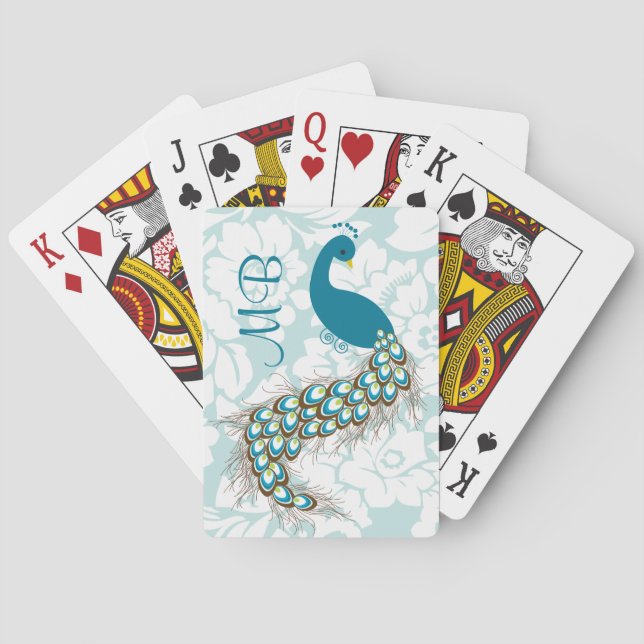 Elegant Modern Damask Peacock Monogram Poker Cards (Back)