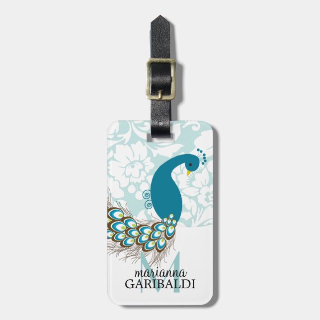 Elegant Modern Damask Peacock Personalized Luggage Tag (Front Vertical)