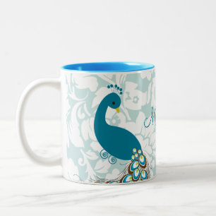 Elegant Modern Damask Peacock Personalized Two-Tone Coffee Mug