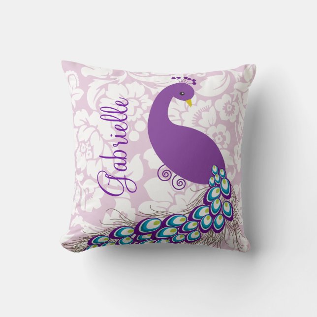 Elegant Modern Damask Purple Peacock Personalized Throw Pillow (Front)