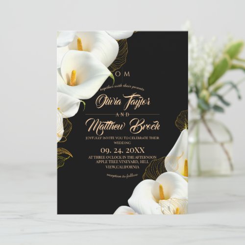 Elegant Modern Dark Floral Wedding Photo Invitation