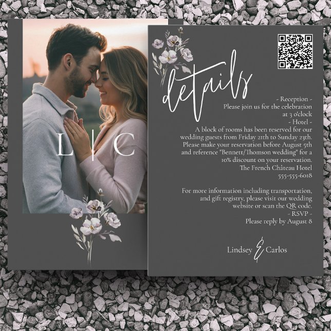 Elegant modern dark gray wedding details QR code Enclosure Card (Creator Uploaded)
