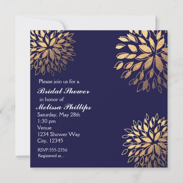 Elegant Modern Dark Navy Blue Foil Floral Invite (Front)
