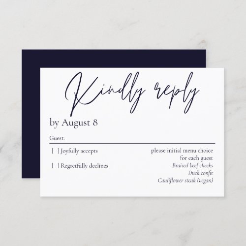 Elegant modern dark navy blue wedding RSVP card