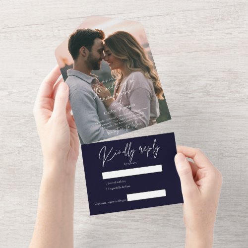 Elegant modern dark navy wedding photo with RSVP All In One Invitation