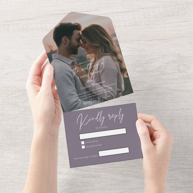 Elegant modern dark purple wedding photo with RSVP All In One Invitation (Tearaway)