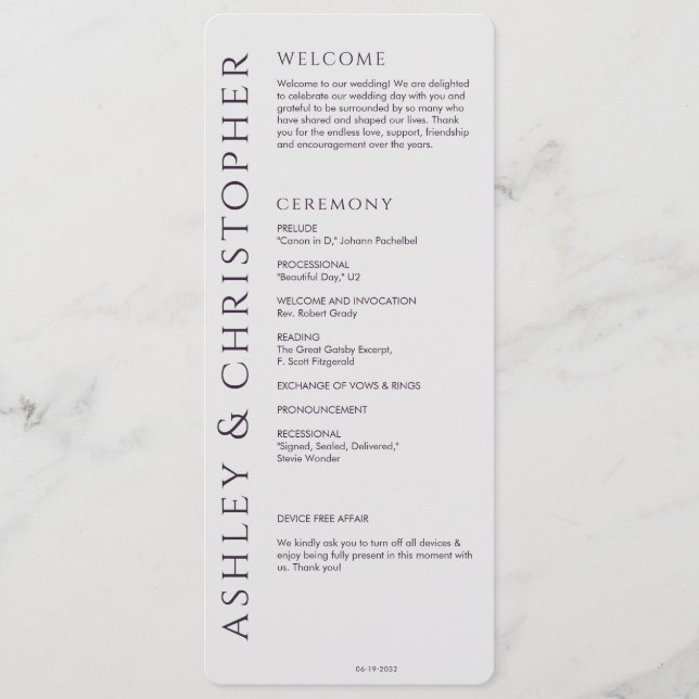 Elegant Modern Dark Purple Wedding Program (Front)