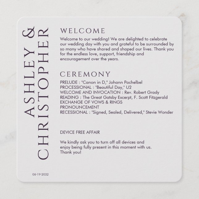 Elegant Modern Dark Purple Wedding Program (Front)