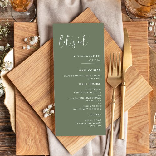 Elegant  modern dark sage green Lets eat wedding Menu