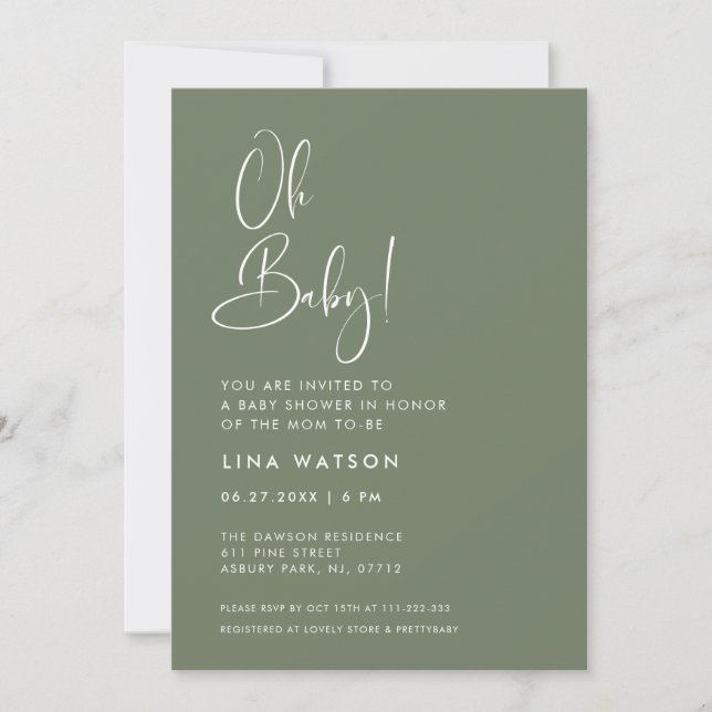 Elegant & Modern Dark Sage Green Oh Baby Invitation (Front)