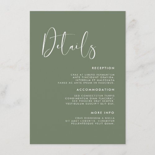 Elegant  modern Dark sage green wedding details Enclosure Card