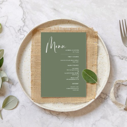 Elegant  modern dark sage green wedding menu