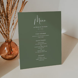 Elegant & modern dark sage green wedding menu pedestal sign
