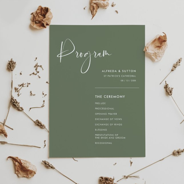 Elegant & modern dark sage green wedding program (Creator Uploaded)