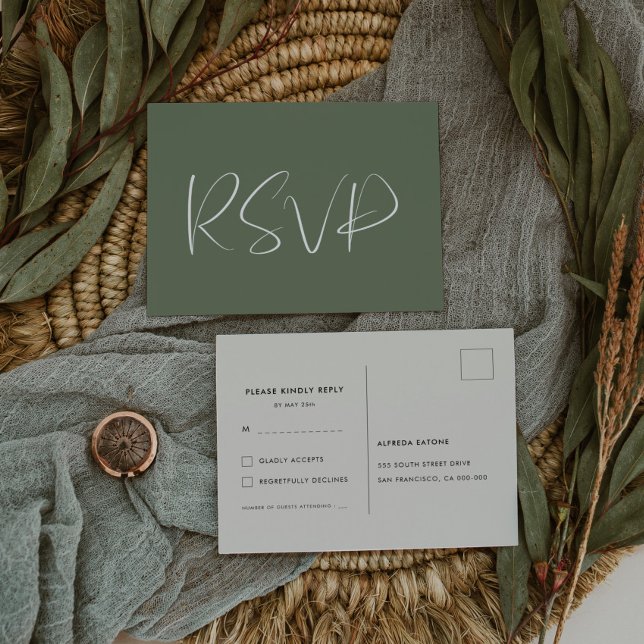 Elegant & modern Dark sage green wedding RSVP Postcard (Creator Uploaded)