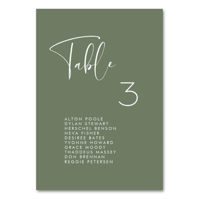 Elegant & modern dark sage seating chart cards (Front)