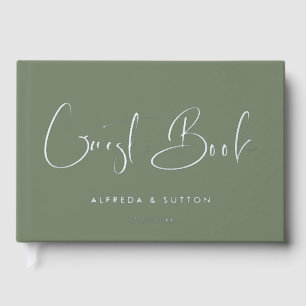 Elegant & Modern Dark Sage & Silver foil wedding Foil Guest Book