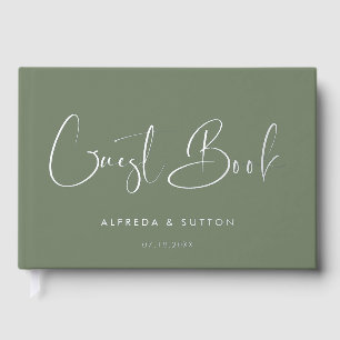 Elegant & Modern Dark Sage & Silver foil wedding Guest Book
