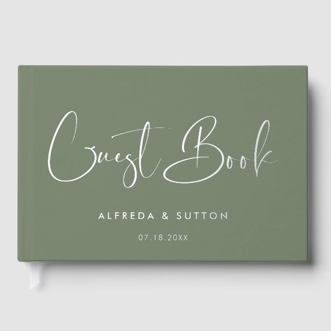 Elegant & Modern Dark Sage & Silver foil wedding Guest Book (Front)