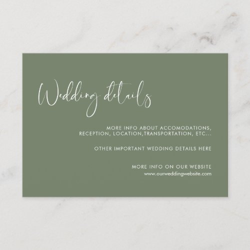 Elegant  modern Dark sage wedding details card