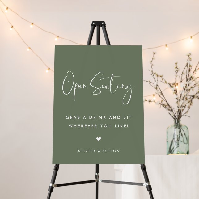 Elegant Modern Dark Sage Wedding Open Seating Sign (In Situ (Stand))